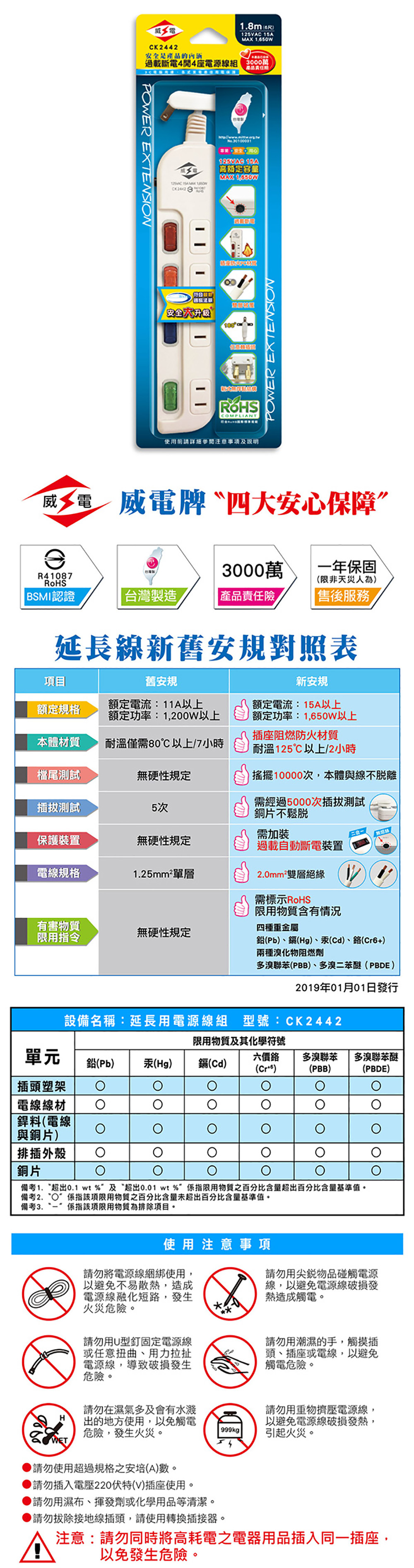 威電 延長線 延長線 4開 15尺 延長線