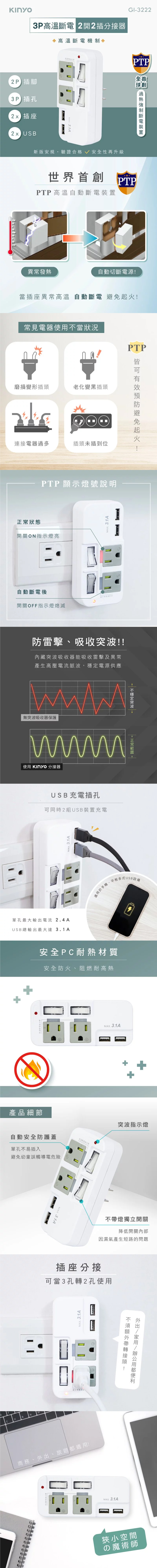 USB kinyo 獨立開關 高溫斷電 防雷 高溫斷電