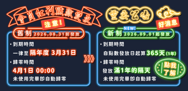 【重要公告】好消息~會員紅利點數變更