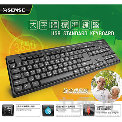 Esense3650 USB大字體標準鍵盤(黑) 13-EKS365