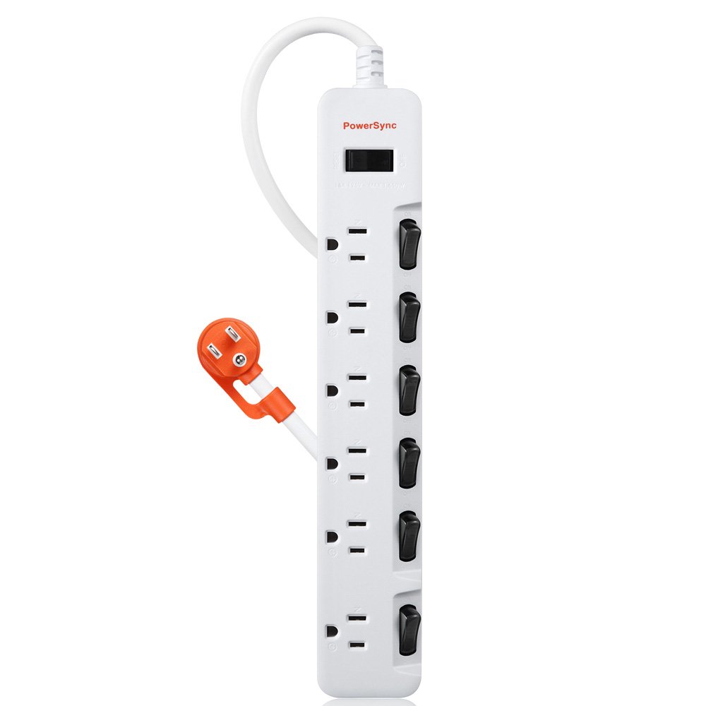 PowerSync七開六插防雷抗搖加大間距延長線-白色1.8M/2.7M/4.5M