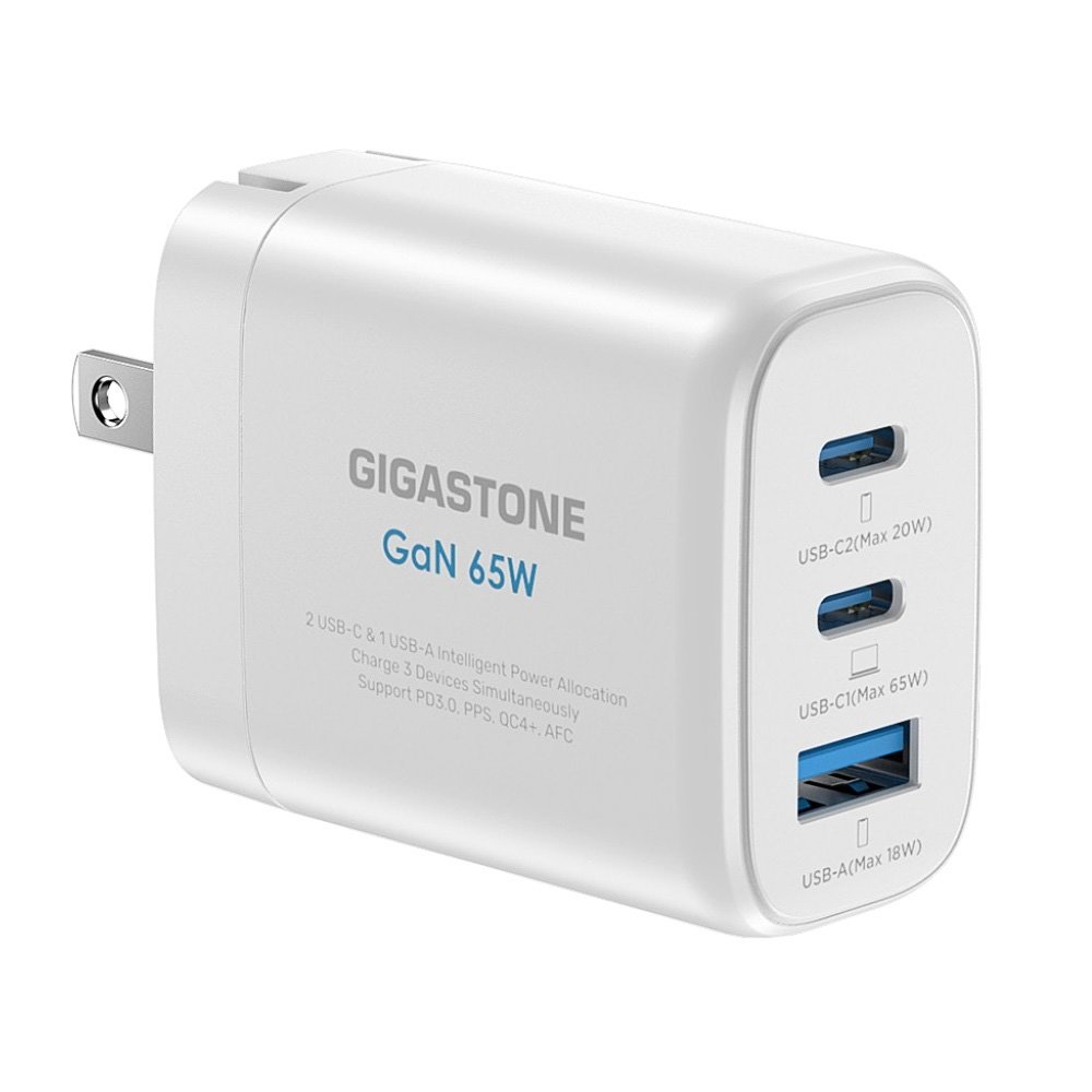 GIGASTONE 65W氮化鎵Type-c三孔快速充電器-白