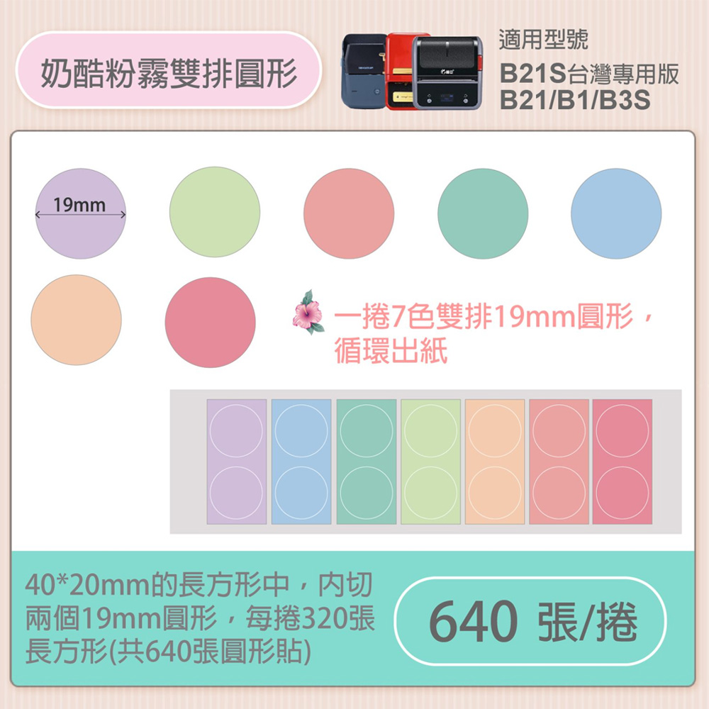 B1/B21S標籤機專用防水貼紙40*20mm-奶酷粉霧雙排圓形