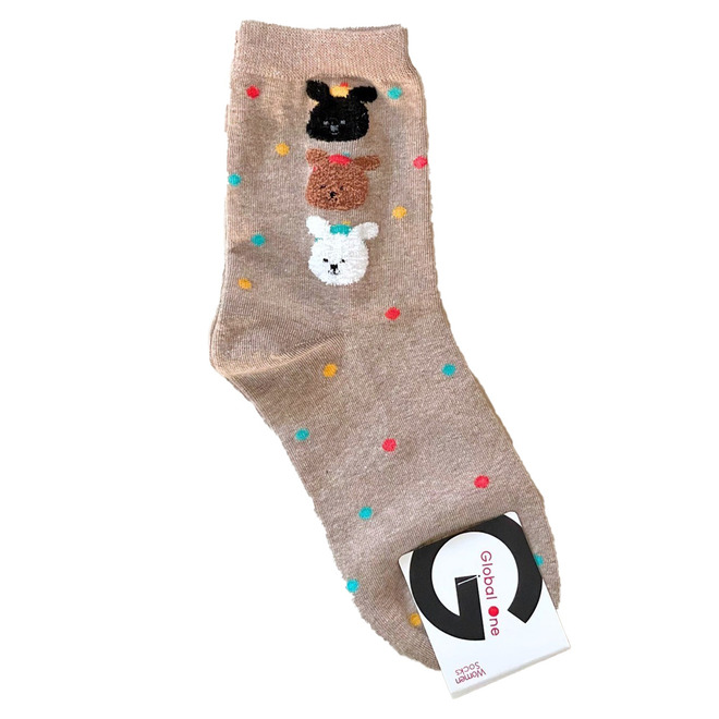 韓國中筒襪-彩色點點動物-可可/米白 22-26cm