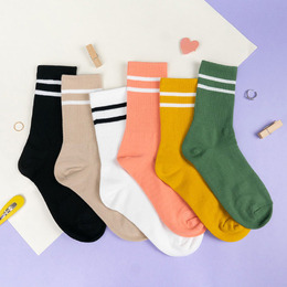 韓國中筒襪-純色雙條紋