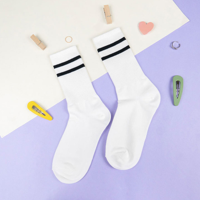 韓國中筒襪-純色雙條紋